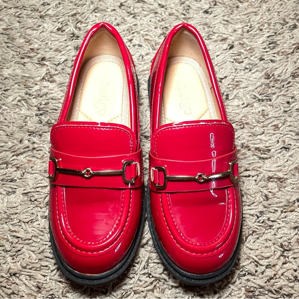 Girls Coutgo Red Gold Hardware Slip On Chunky‎ Platform Loafers Size 11c